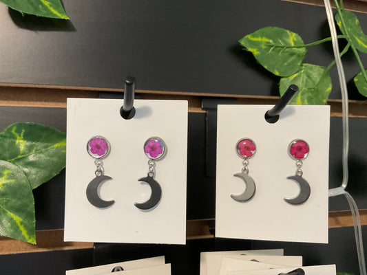 Dangle earrings, real dried flowers, stainless steel