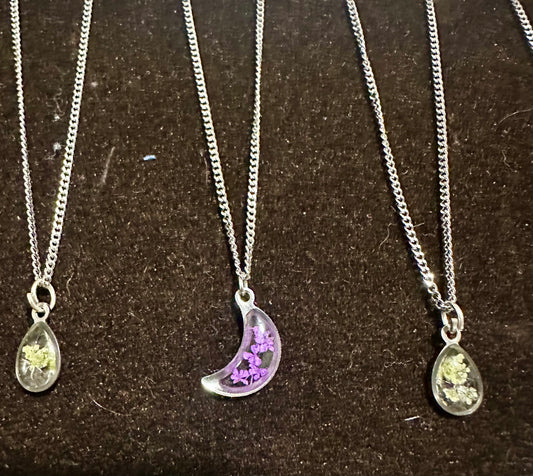 Necklaces, silver/stainless steel, real pressed florals