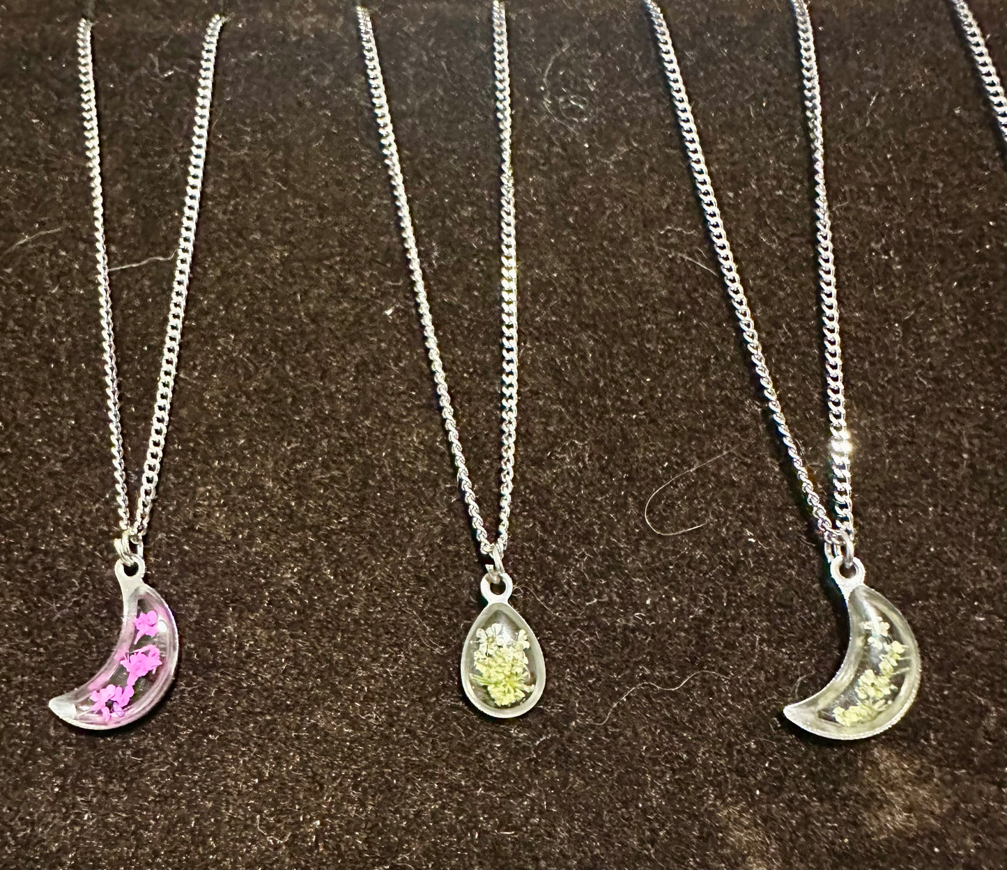 Necklaces, silver/stainless steel, real pressed florals