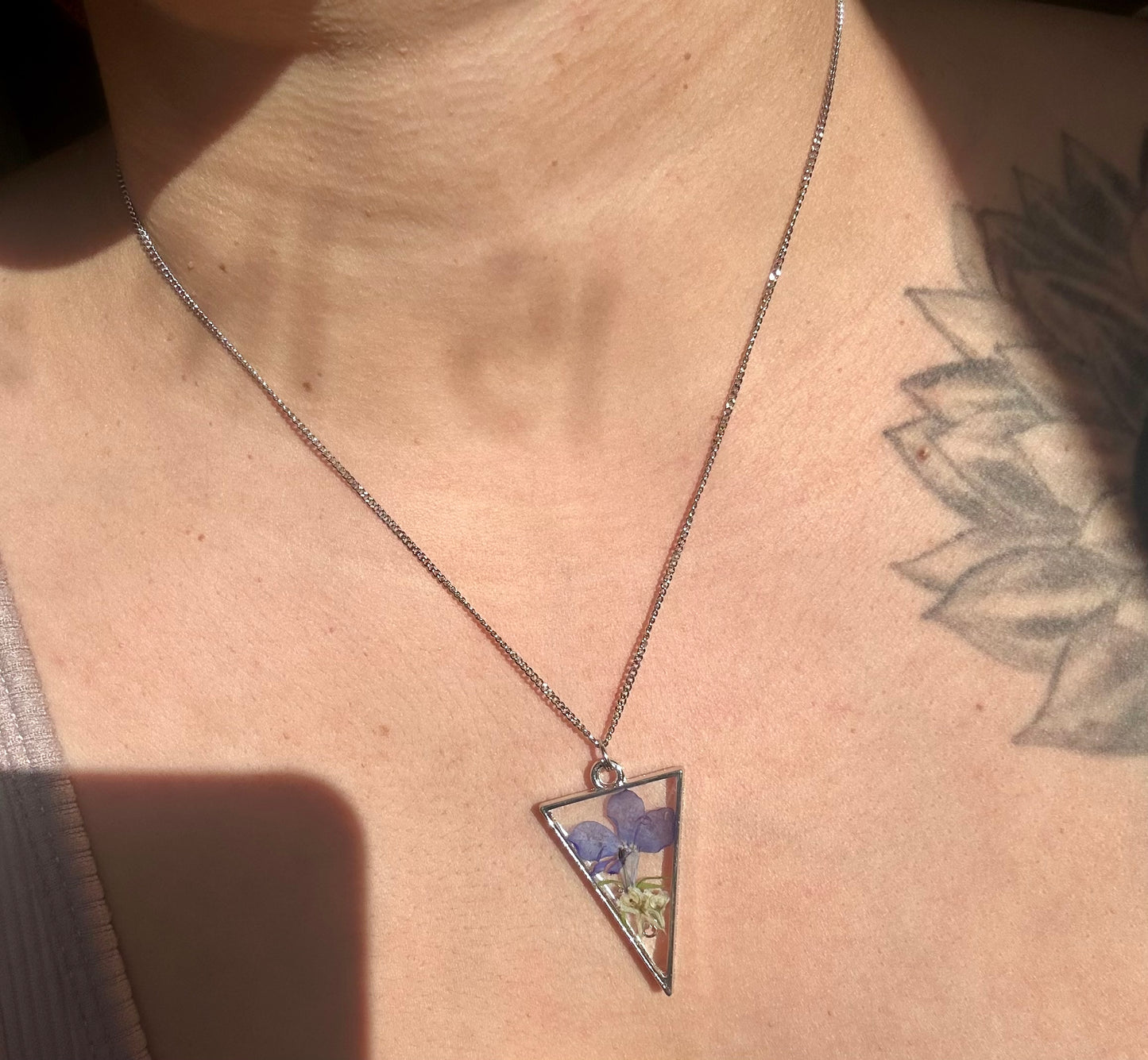 Pendant Necklaces, silver/stainless steel, real pressed florals