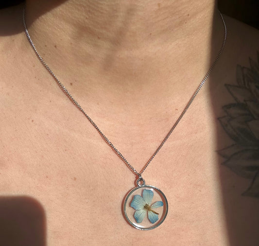 Pendant Necklaces, silver/stainless steel, real pressed florals