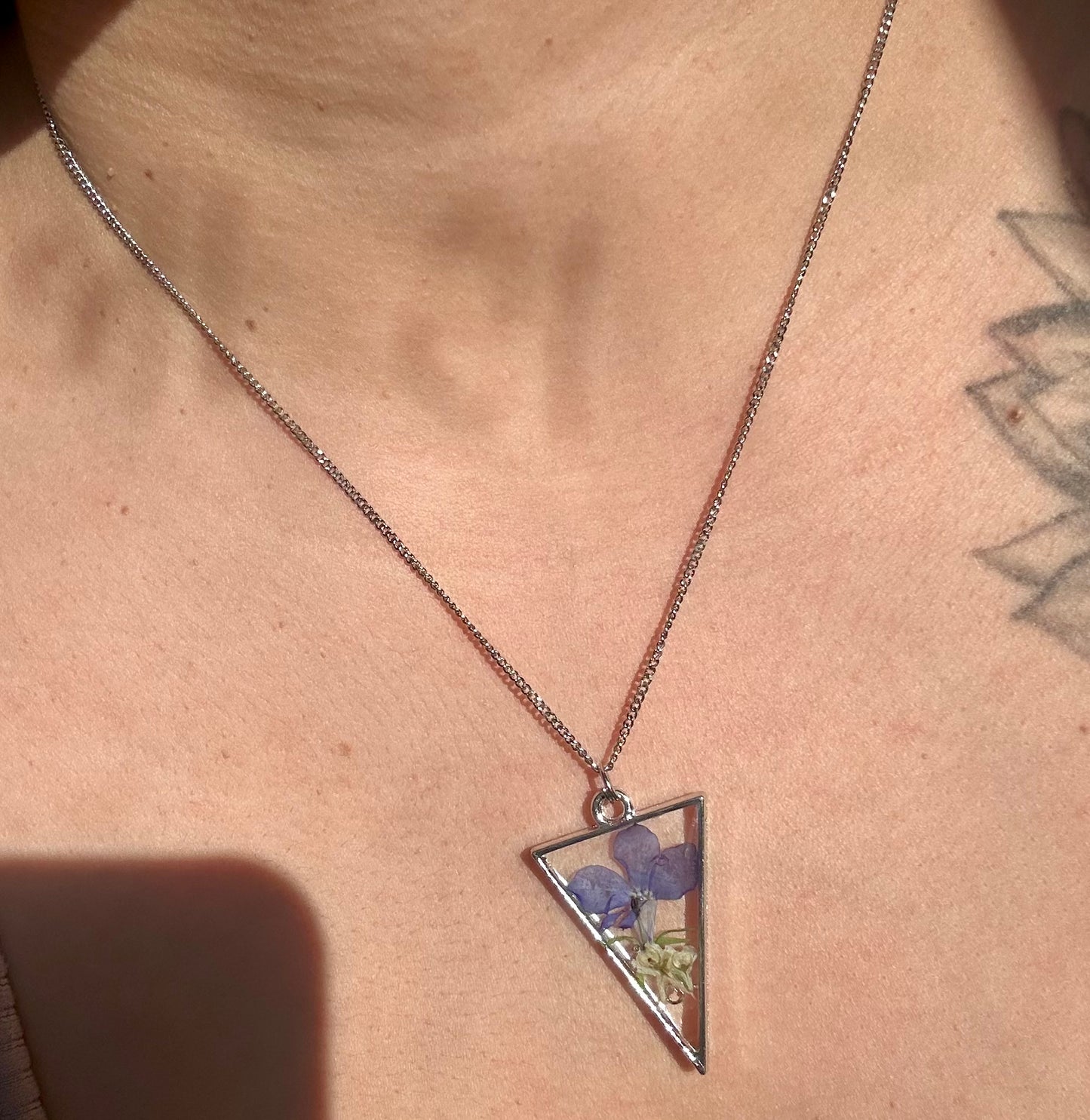 Pendant Necklaces, silver/stainless steel, real pressed florals